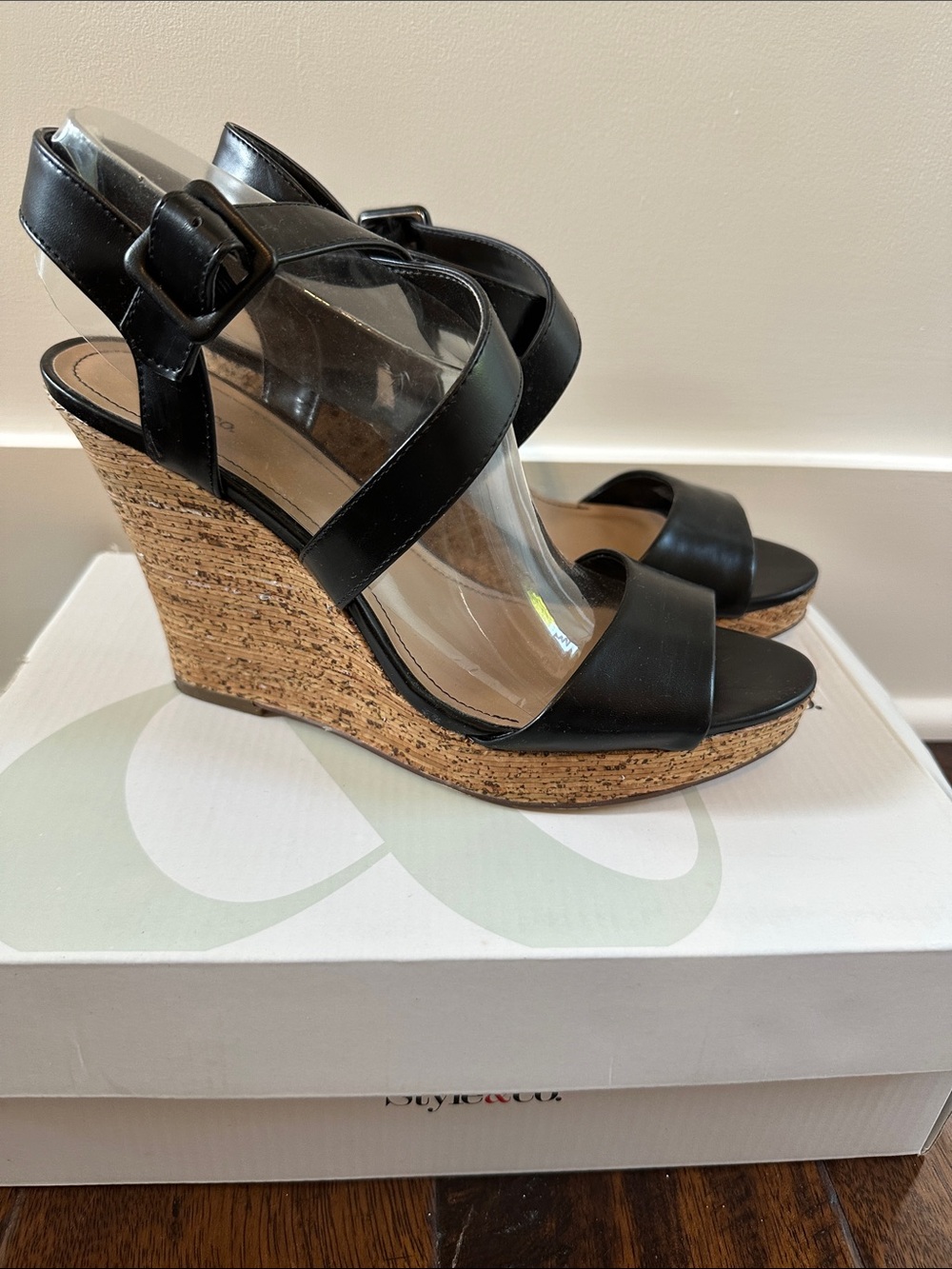 Style & Co. Black Cork Platform Wedge Sandals
